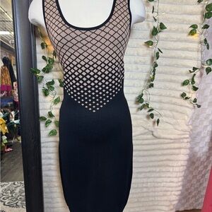 Carmen Marc Valvo Black and Nude Geometric Mini Dress